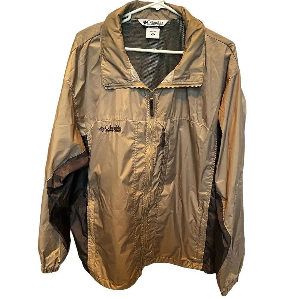 Columbia Men's Tan and Gray Windbreaker XL Packable Hood zips in collar